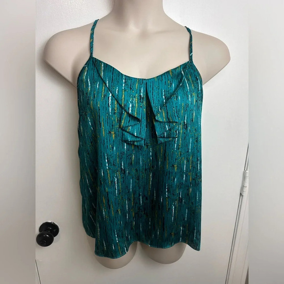 Apostrophe Tops - Apostrophe Green Ruffled Tank Top Large Petite Spaghetti Strap Lightweight 1221